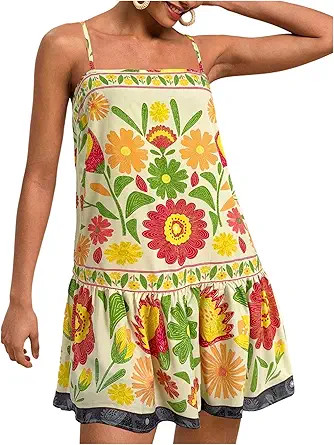 Women's Floral Boho Flowy Mini Cami Dress Ruffle Hem Spaghetti Strap Vacation Tank Dresses | Amazon (US)