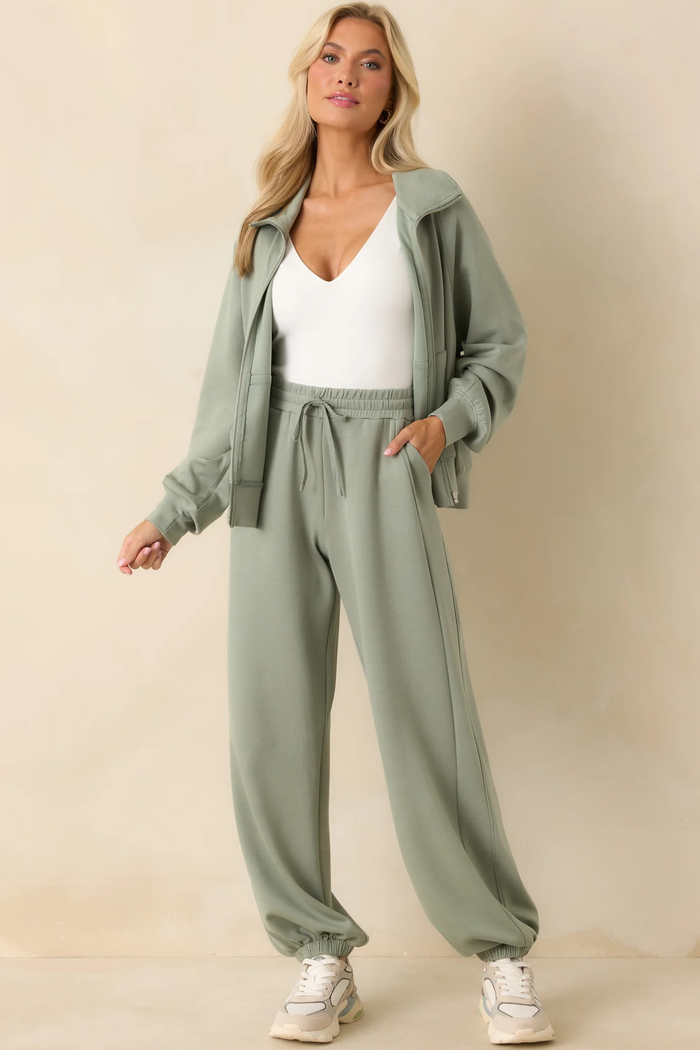 Running Errands Sage Green Joggers | Red Dress