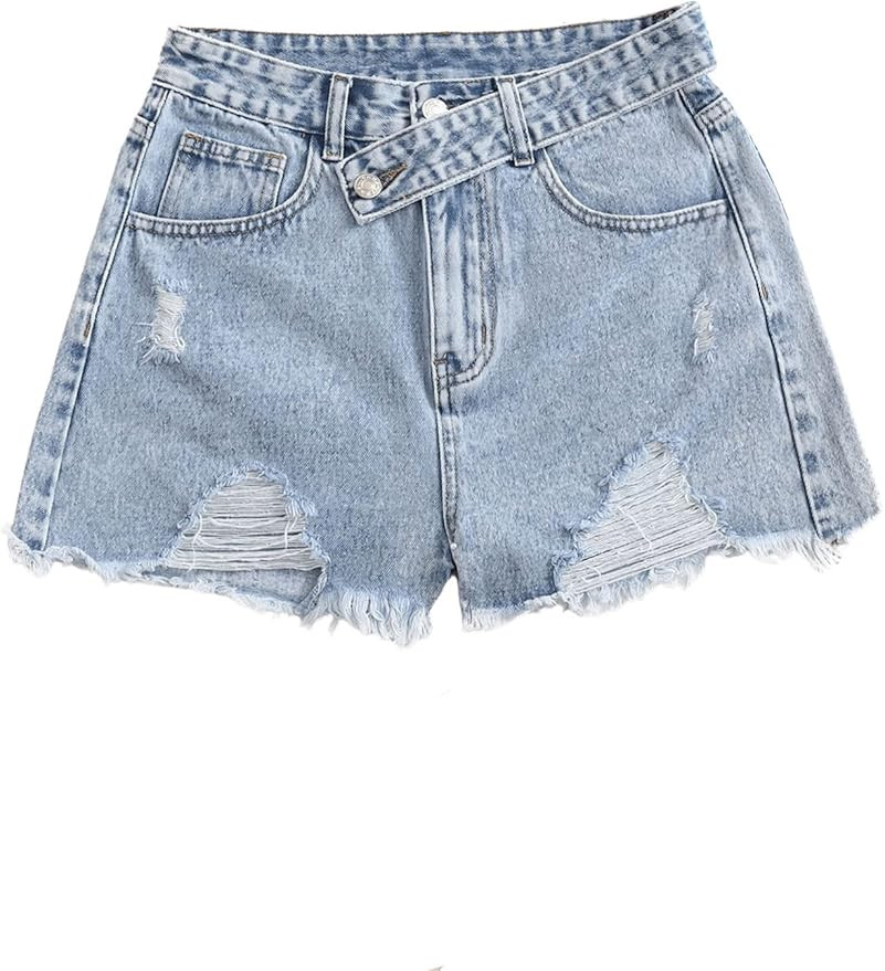 SweatyRocks Women's Casual High Waist Raw Hem Ripped Denim Jean Shorts with Pocket | Amazon (US)