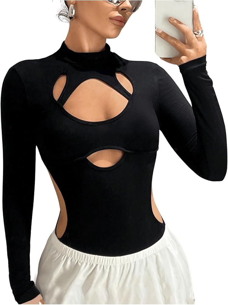 Milumia Women's Cut Out Mock Neck Long Sleeve Bodysuit Y2k Party Leotards | Amazon (US)
