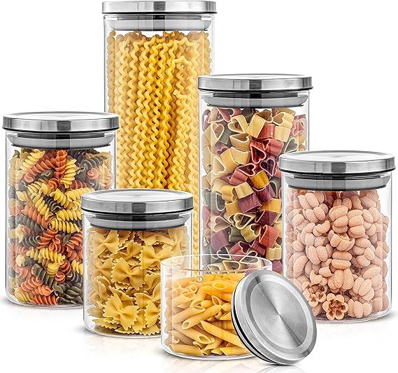 JoyJolt Kitchen Canister Set. 6 Glass Jars with Lids (Stainless Steel) Lids. Airtight Food Storag... | Amazon (US)