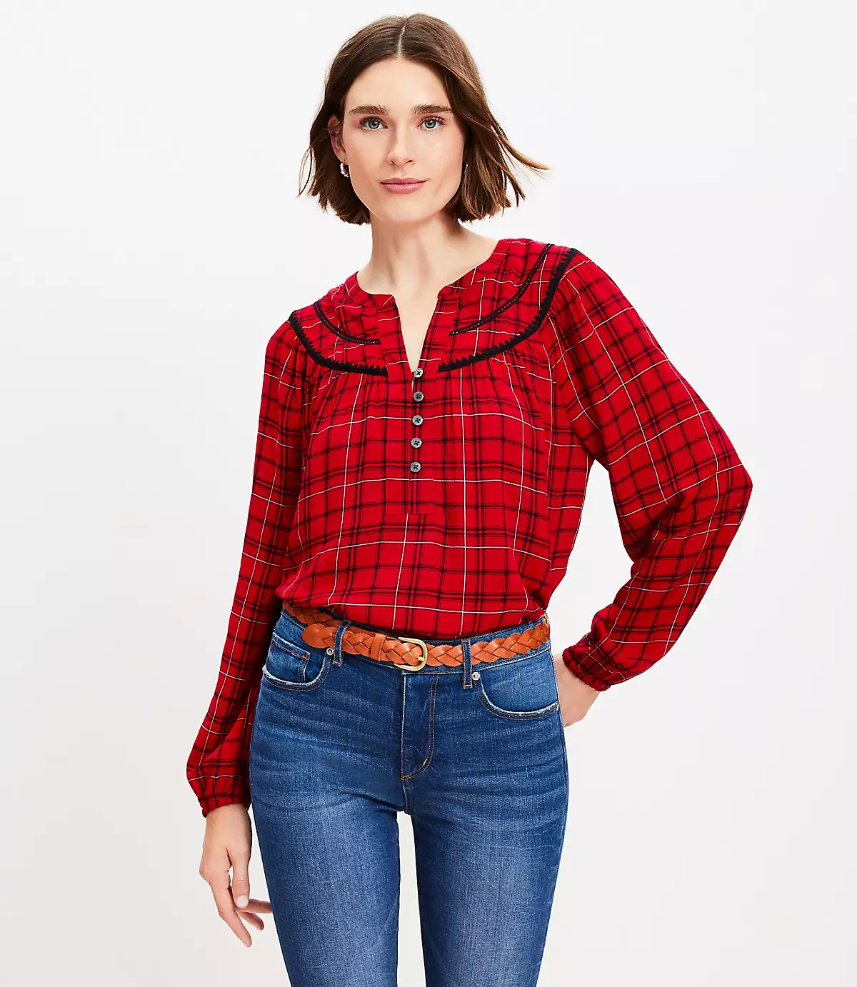 Plaid Stitched Yoke Blouse | LOFT