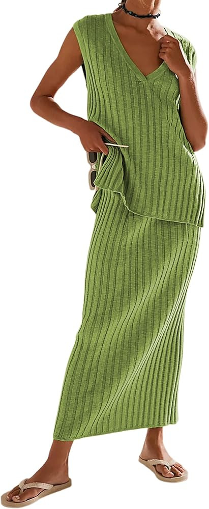 SCUSTY Women's 2 Piece Sweater Skirt Sets Sleeveless V Neck Knit Ribbed Vest Tops Midi Skirt | Amazon (US)