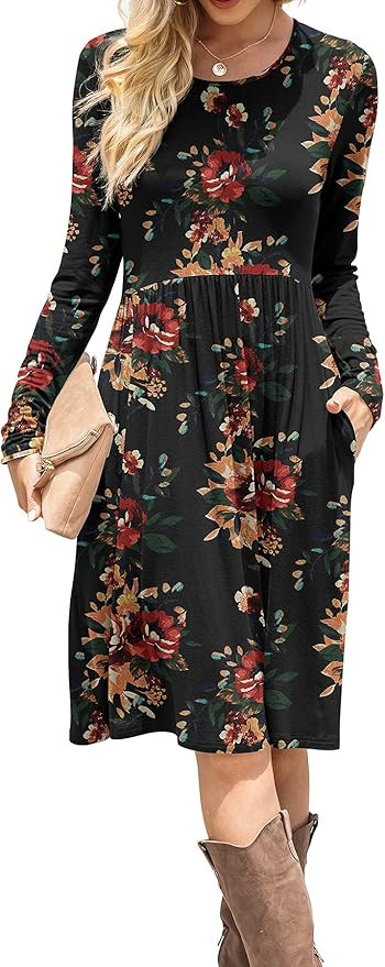 DB MOON Women Casual Long Sleeve Dresses Empire Waist Knee Length Loose Dress with Pockets | Amazon (US)