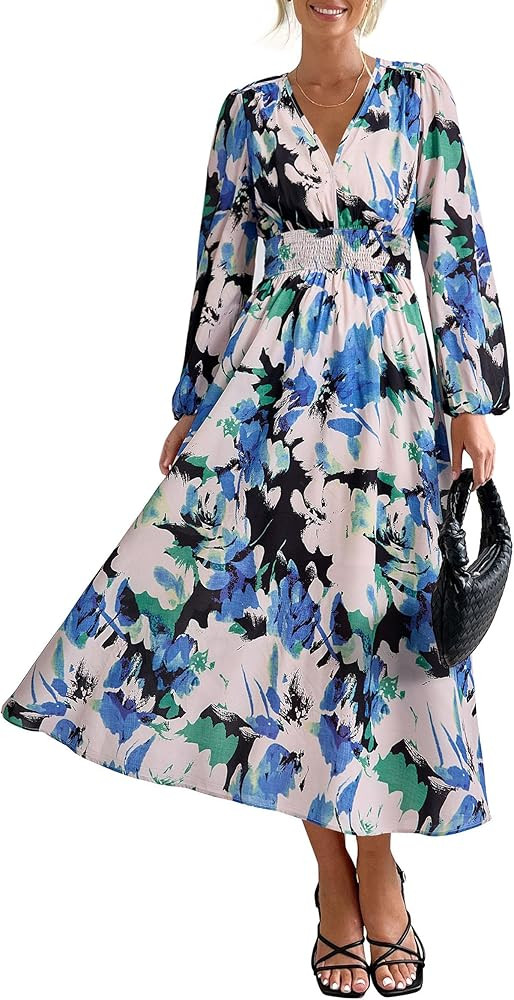 PRETTYGARDEN Women's Floral Midi Dress Casual Fall V Neck Long Sleeve Flowy Spring Beach Wedding ... | Amazon (US)