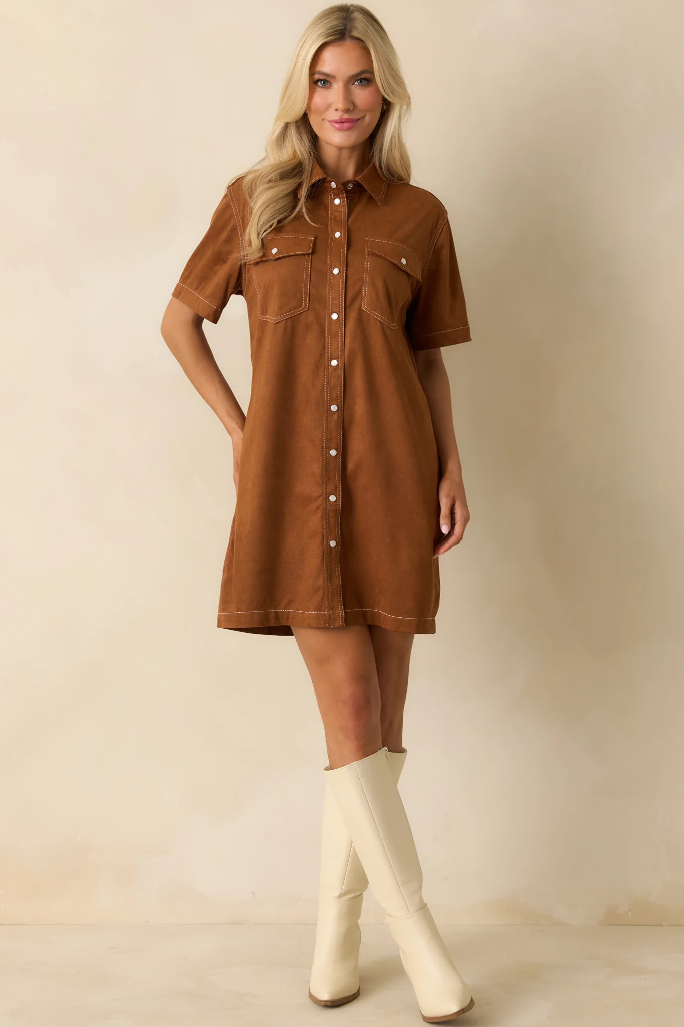 Many Possibilities Cinnamon Brown Button Up Mini Dress | Red Dress