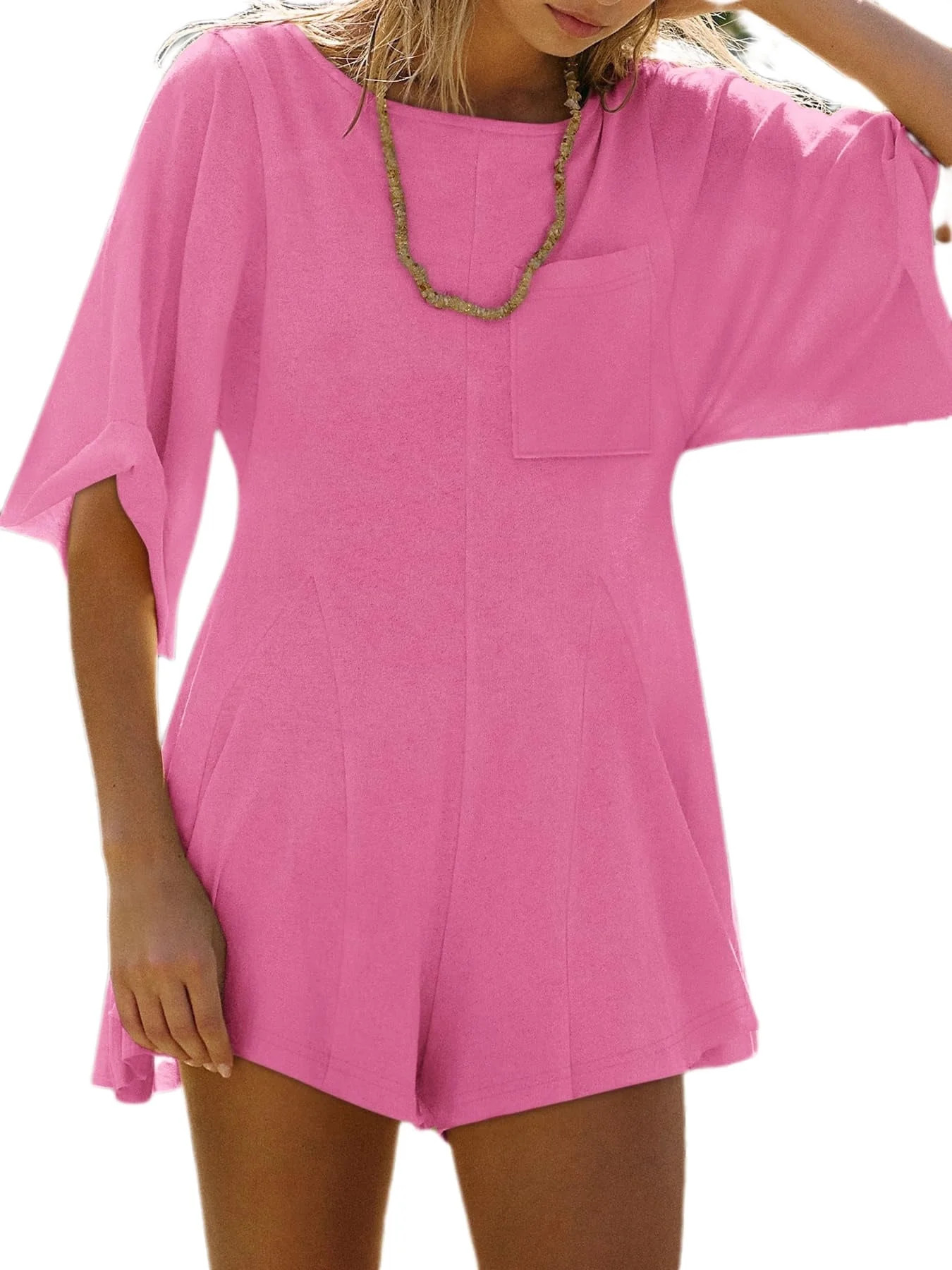 Women Summer Solid Color Rompers Outfits Short Sleeve Crew Neck Loose Jumpsuits with Pocket | Walmart (US)
