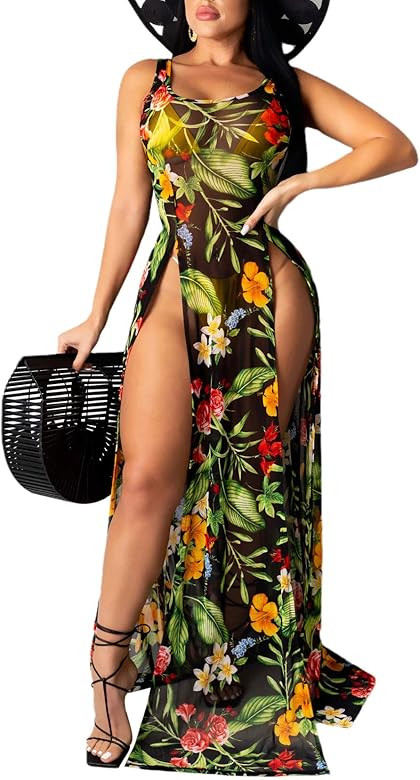 Women's Sexy Lingerie Sleepwear Night Gown Mesh See Through Slit Maxi Dress Bikini Cover Up | Amazon (US)