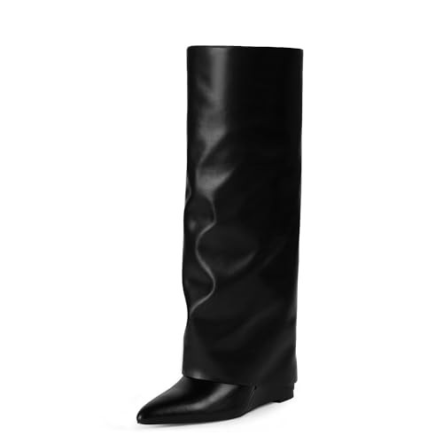 Modatope Black Slouchy Shark Boots for Women Black Slouchy Fold Over Knee High Boots Wedge Heel Pointed Toe Tall Long Boots 2025 Size 10 | Amazon (US)