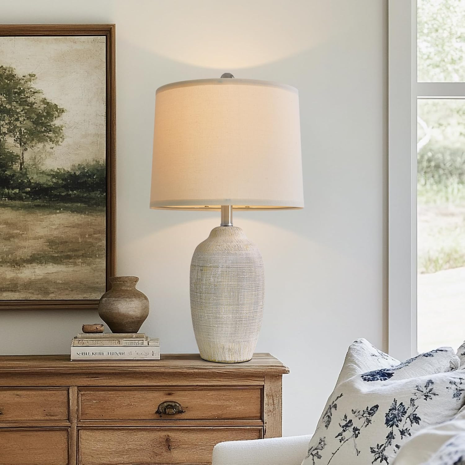 24 inch Vintage Ceramic Table Lamp with 5FT Cord - Single Farmhouse Rustic Bedside Lamp with Natu... | Amazon (US)