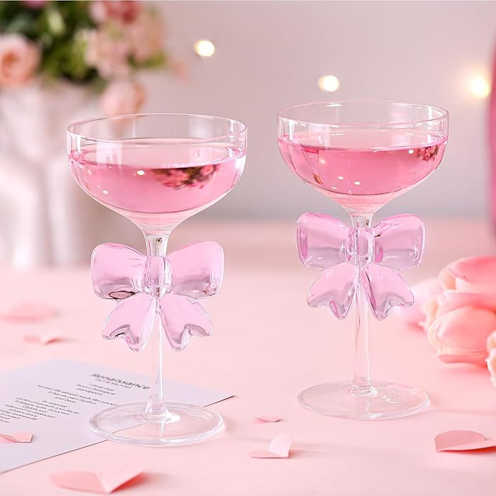 2 Pack Bow Wine Glasses Pink Bow Clear Cocktail Glasses 6.8 oz Delicate and Elegant Pink Coupe De... | Amazon (US)