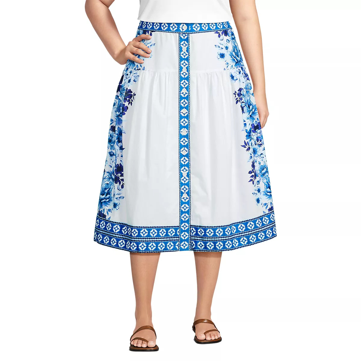 Women's Poplin Border Print Midi Skirt - Set Bottom | Lands' End (US)