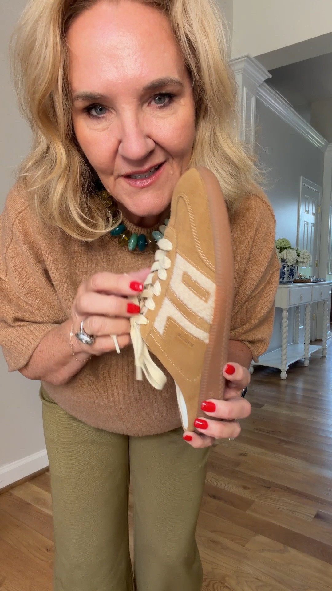 Look how the outfit pops when you add that necklace! 
I did size up in the pants to a 30 regular. This fabric just runs small.
Cashmere sweater size medium
I love these sneakers and horn them all weekend. I’m more than in New York City. They’re very comfortable.

#LTKOver40 #LTKootd #LTKPetite