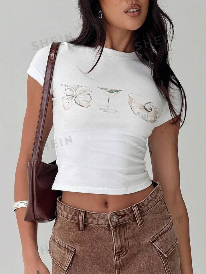 SHEIN Essnce Women Short Sleeve T-Shirt With Simple Print And Round Neck | SHEIN USA | SHEIN