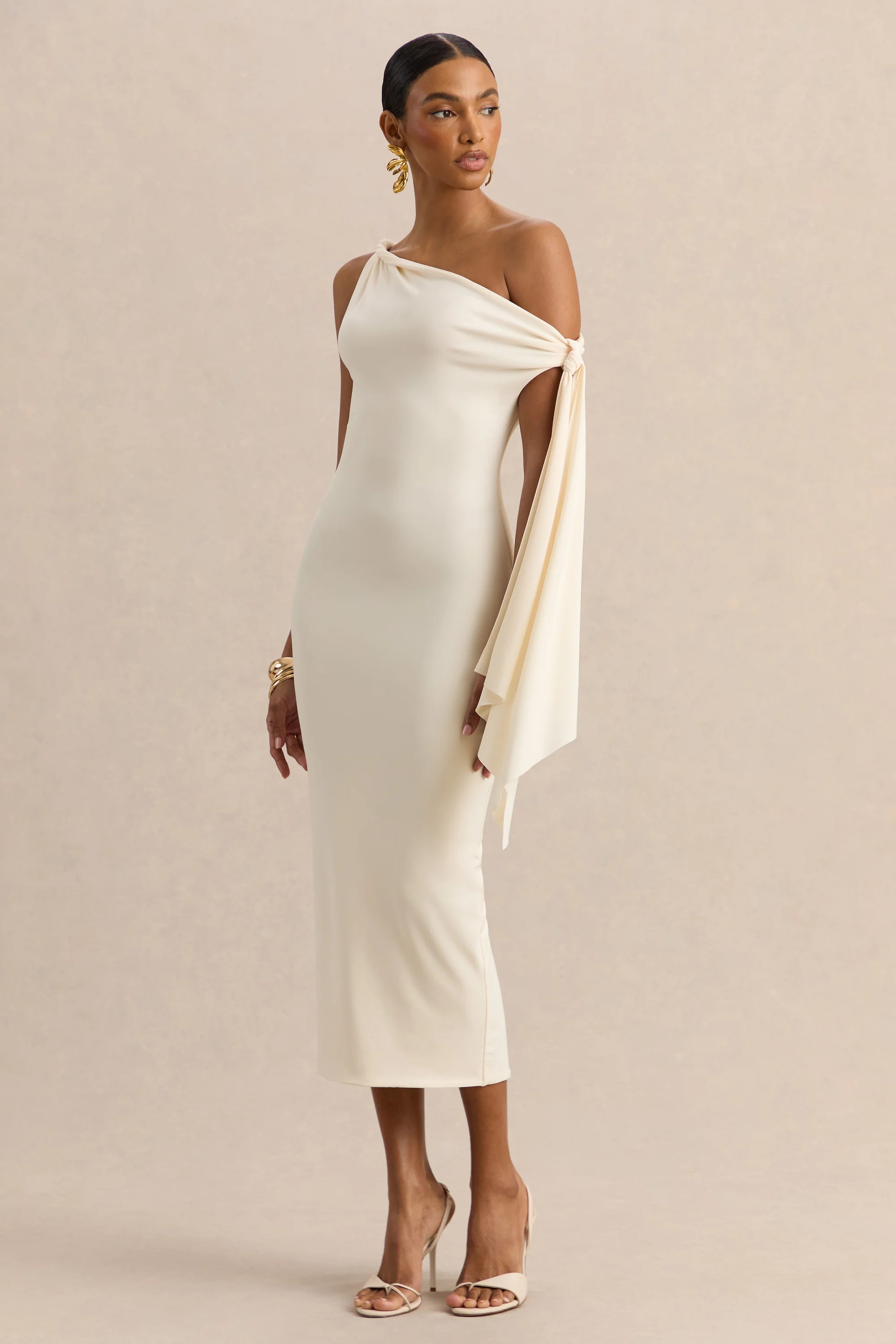 Arcelia | Cream Asymmetric-Neck Midi Dress With Knot-Sleeve Detail | Club L London