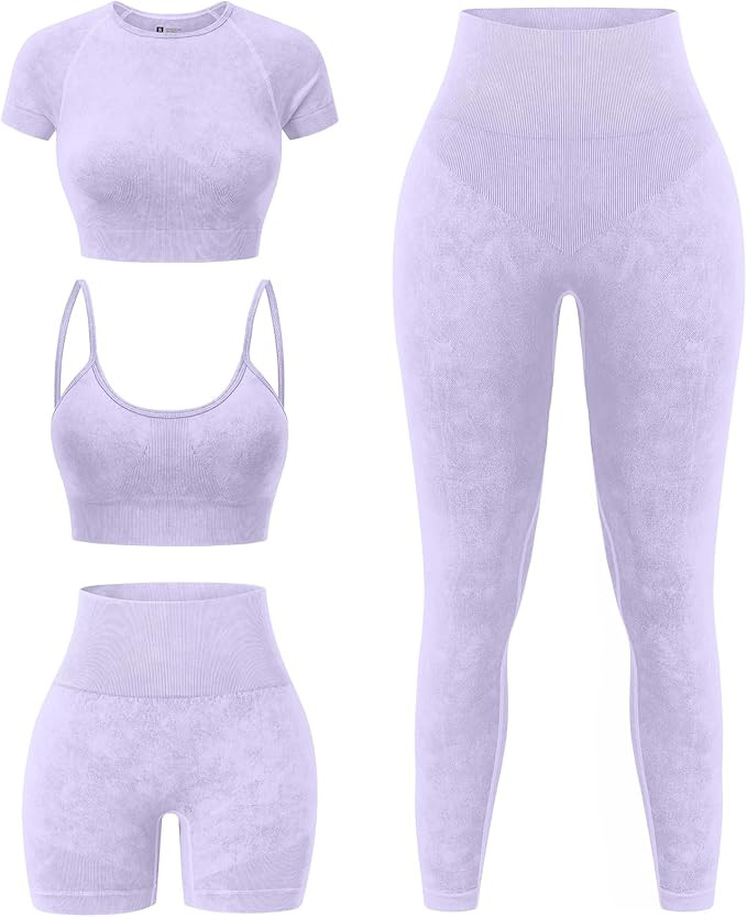 YOAKUKA Women's 4 Piece Workout Sets Seamless Acid Wash Tops Sports Bra High Waist Shorts Legging... | Amazon (US)