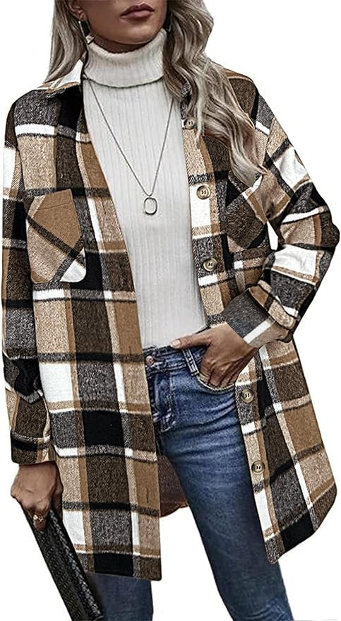 HOTOUCH Womens Flannel Plaid Shacket Jacket Casual Lapel Button Down Tartan Trench Coat Long Slee... | Amazon (US)