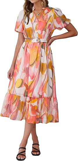 Simplee Womens Summer Boho Floral Midi Dress Casual Beach Wedding Guest Chiffon A Line Belted Lon... | Amazon (US)