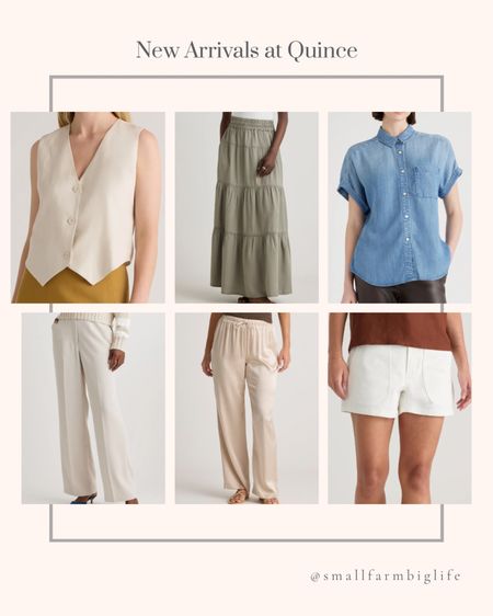 New arrivals at Quince. Summer outfit. Travel outfit. Vacation outfit. Chambray Tencel short sleeve button front shirt. 100% washable silk drawstring wide leg pant. Organic stretch cotton twill utility short. Stretch crepe classic trouser pants. 100% European linen vest. Vintage wash Tencel tiered maxi skirt  

#LTKFindsUnder100 #LTKStyleTip #LTKOver40