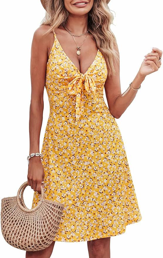 HUHOT Womens Summer Floral Tie Front V Neck Adjustable Spaghetti Casual Swing Mini Dress | Amazon (US)
