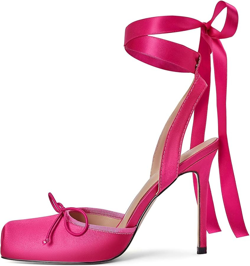 Vertundy Women's Satin Ballet Heels Lace Up Square Toe Stiletto High Bow Ballerina Heels | Amazon (US)