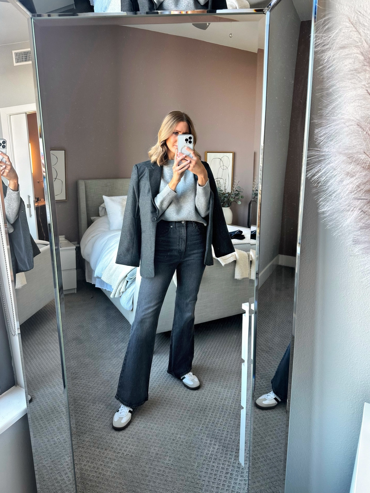 Grey and black outfit idea. I just got this blazer from H&M and love it! Ordered a small but could have even done a medium for more oversized. Levi’s and adidas make the easiest put together outfit! 

#LTKfindsunder100 #LTKstyletip