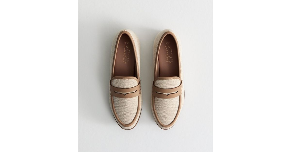 Off White Penny Strap Contrast Trim Linen-Look Loafers | New Look | New Look (UK)
