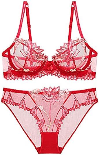 Women's Sexy Soft Lace Lingerie Set See Through Underwear Floral Lace Underwire Sheer Bra and Pan... | Amazon (US)