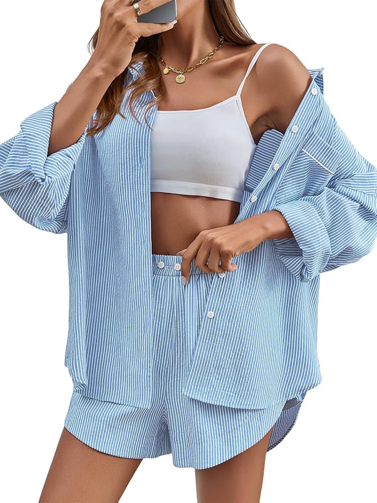 Tankaneo Womens 2 Piece Outfits Striped Sets Long Sleeve Button Down Blouse and Shorts Tracksuit ... | Amazon (US)