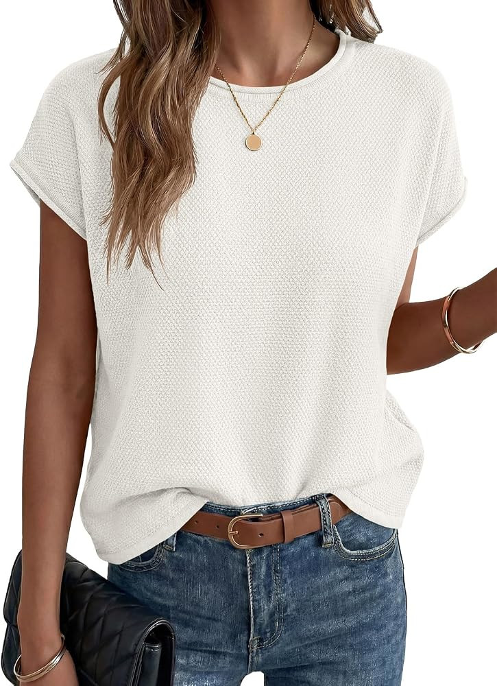 Saodimallsu Womens Summer Cap Sleeve Tops 2026 Waffle Knit Going Out Casual Loose Crew Neck Light... | Amazon (US)