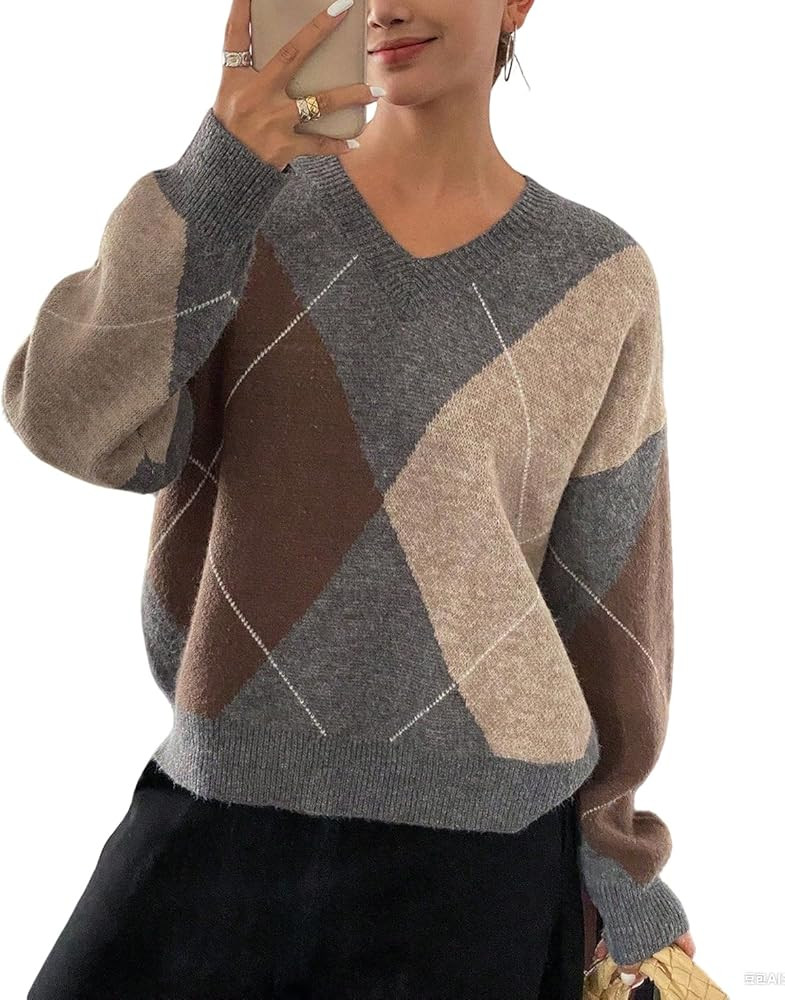 chouyatou Women's 2025 Fall V-Neck Argyle Sweaters Pullover Oversized Chunky Knit Casual Sweater ... | Amazon (US)