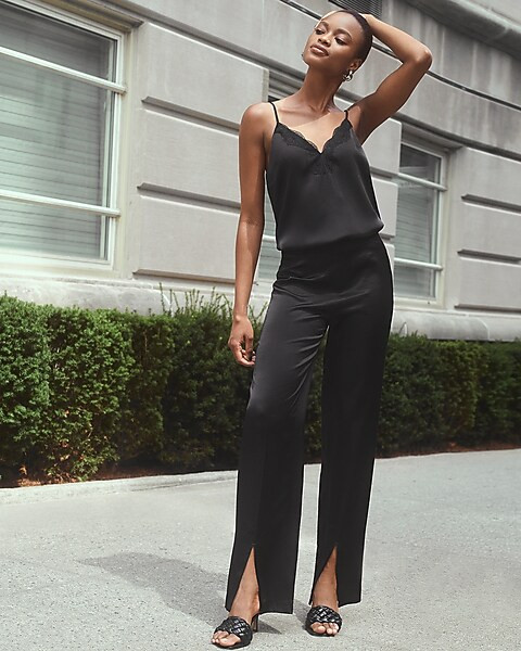 High Waisted Satin Slit Front Straight Pant | Express