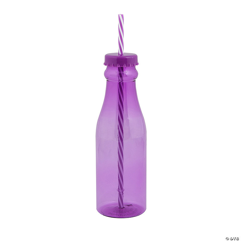 22 oz. Purple Reusable Plastic Drink Bottles with Striped Straw - 12 Pc. | Oriental Trading Company