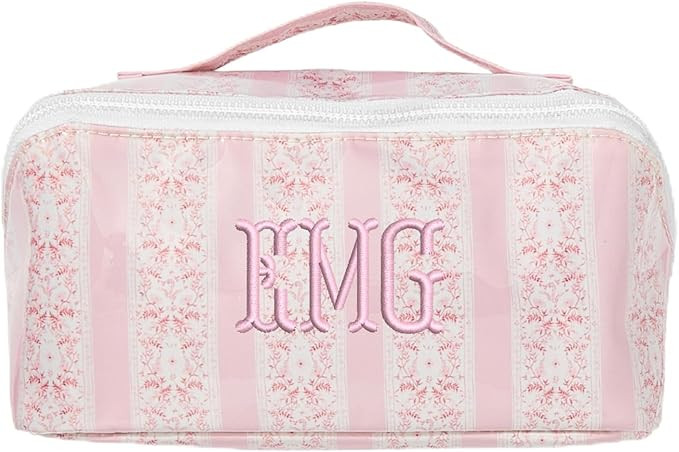 Personalized Flat Lay Makeup Bag - Clear-Coated Embroidered Cosmetic Organizer, Monogrammed Wide-... | Amazon (US)