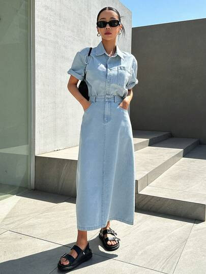DAZY Flap Pocket Drop Shoulder Denim Coat & Split Back Skirt | SHEIN