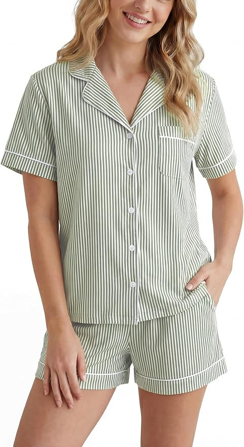 LUBOT 100% Cotton Pajamas for Women Pajama Set with Pockets Soft 2 Piece PJ Short Sleeve Button K... | Amazon (US)