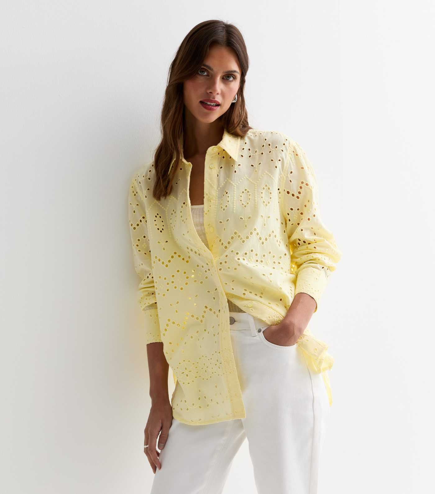 Pale Yellow Cotton Broderie Long Sleeve Shirt | New Look | New Look (UK)