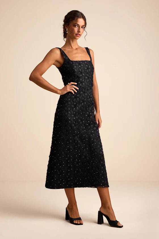 Sandrina Black Textured Sequin Square Neck Midi Dress | Lulus