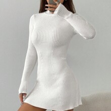 Women's Solid Stand Collar Long Sleeve Fitted & Elegant Sweater Dress, Autumn/Winter | SHEIN