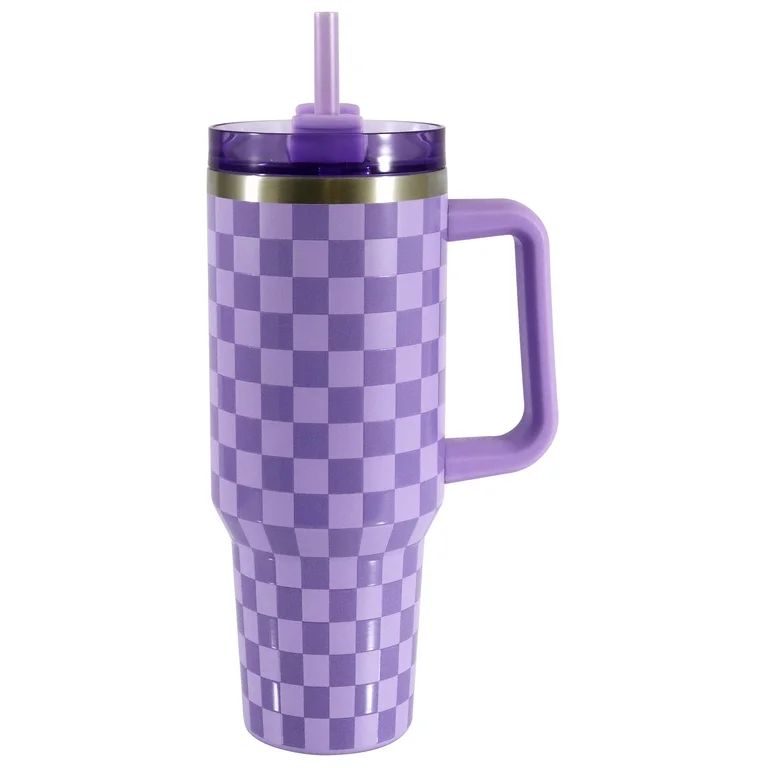 Mainstays 40 oz Stainless Steel Tumbler with Straw and Handle, Double Wall Insulated, Purple Chec... | Walmart (US)