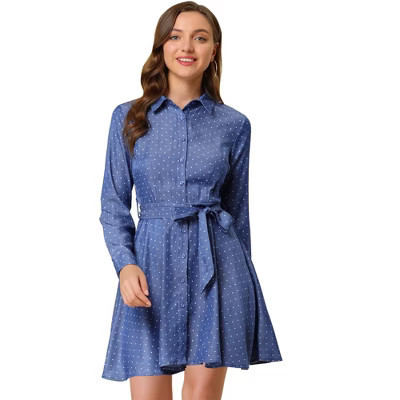INSPIRE CHIC Women's Polka Dots Long Sleeve Button Up A-Line Shirt Dress Small Blue | Target