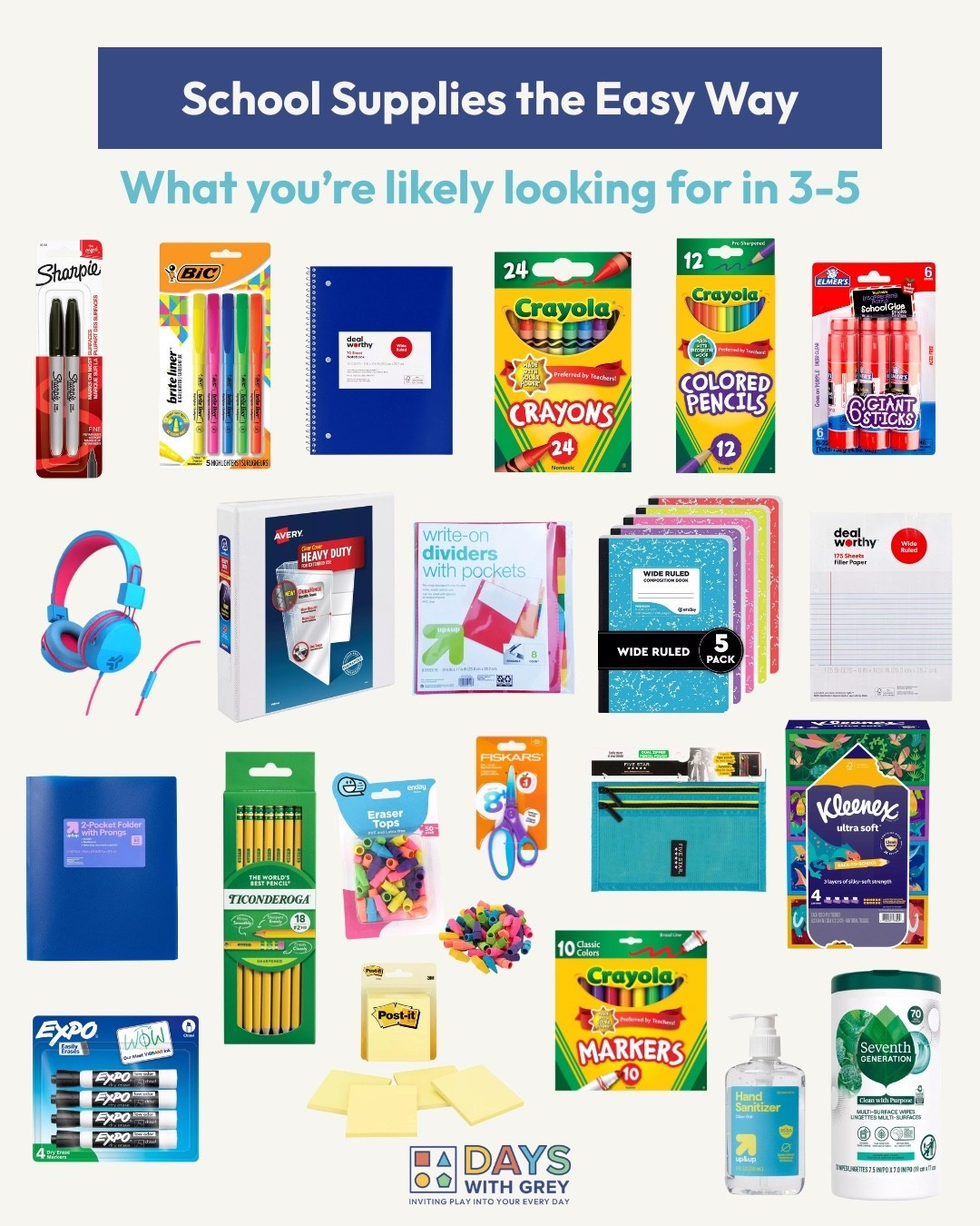 Scrolling online or roaming aisles to find school supplies is exhausting. Here, I put the most commonly asked for items in one place so you don’t have to keep using that search bar only to find 17 more items you don’t need. 