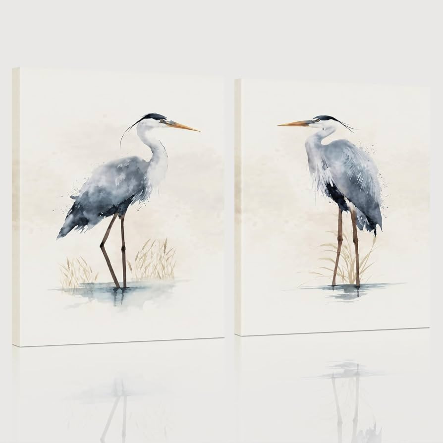 ALMLZL Set of 2 Heron Canvas Print Wall Art Watercolor Great Blue Heron Bird Paints Minimalist Ne... | Amazon (US)