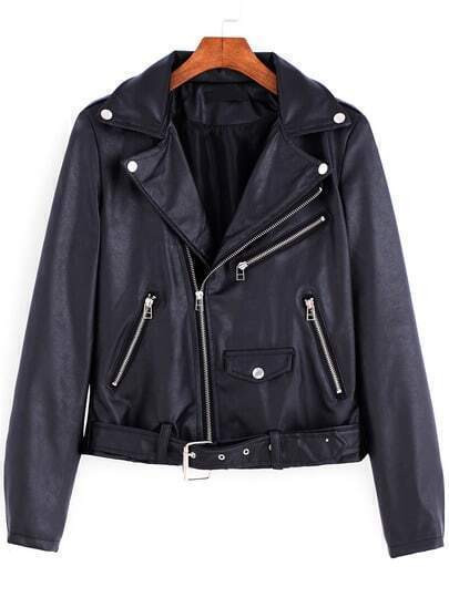 Black Lapel Zipper Crop PU Jacket | SHEIN