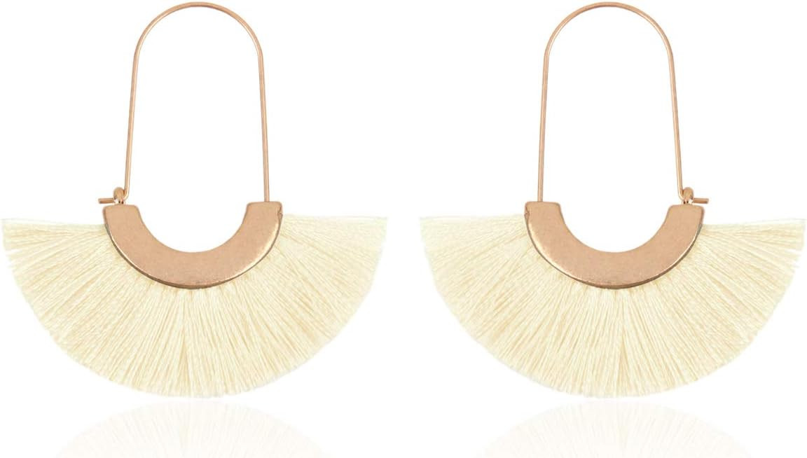 Bohemian Silky Thread Tassel Strand Fringe Statement Hoop Earrings - Lightweight Semi Circle Fan ... | Amazon (US)