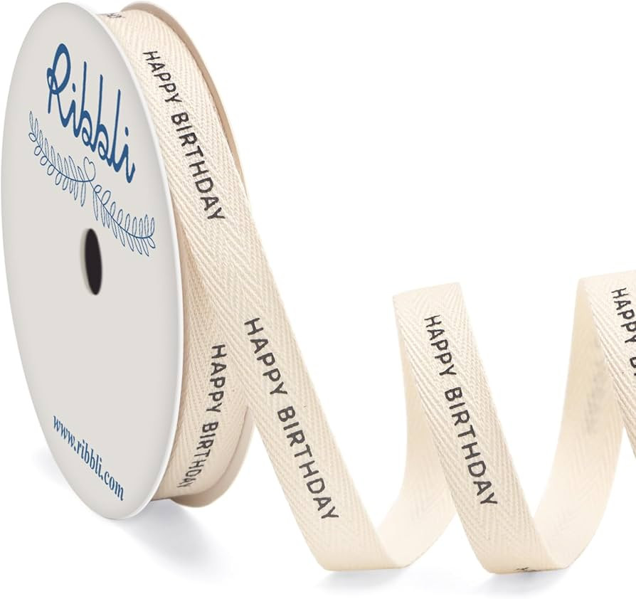 Ribbli Birthday Cotton Ribbon Natural Twill Tape Cotton with Black Happy Birthday Farmhouse Ribbo... | Amazon (US)