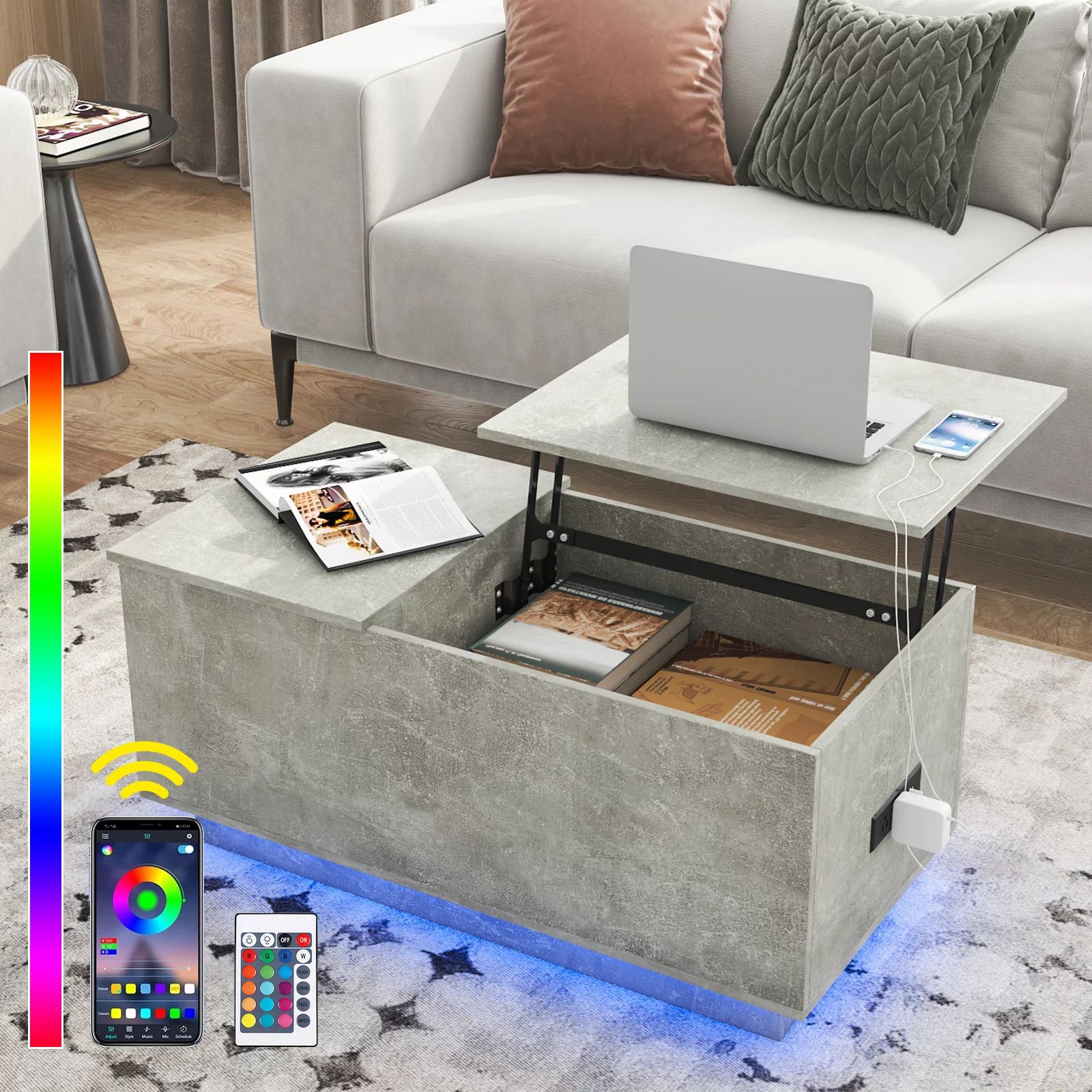 Lift Top Table LED Coffee Table Charging Station Hidden Compartment and Open Shelf Modern Living ... | Walmart (US)