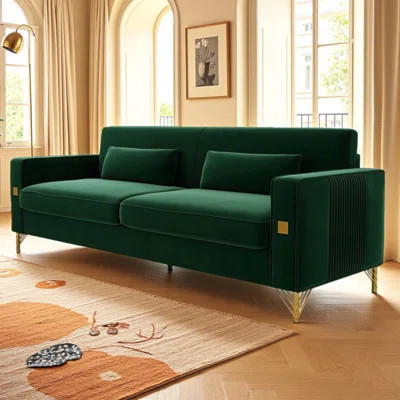 Luxury Emerald Velvet Sofa with Gold Accents - Modern 3-Seat Couch with Plush Cushions, Perfect for Living Room and Office Decor | Wayfair North America