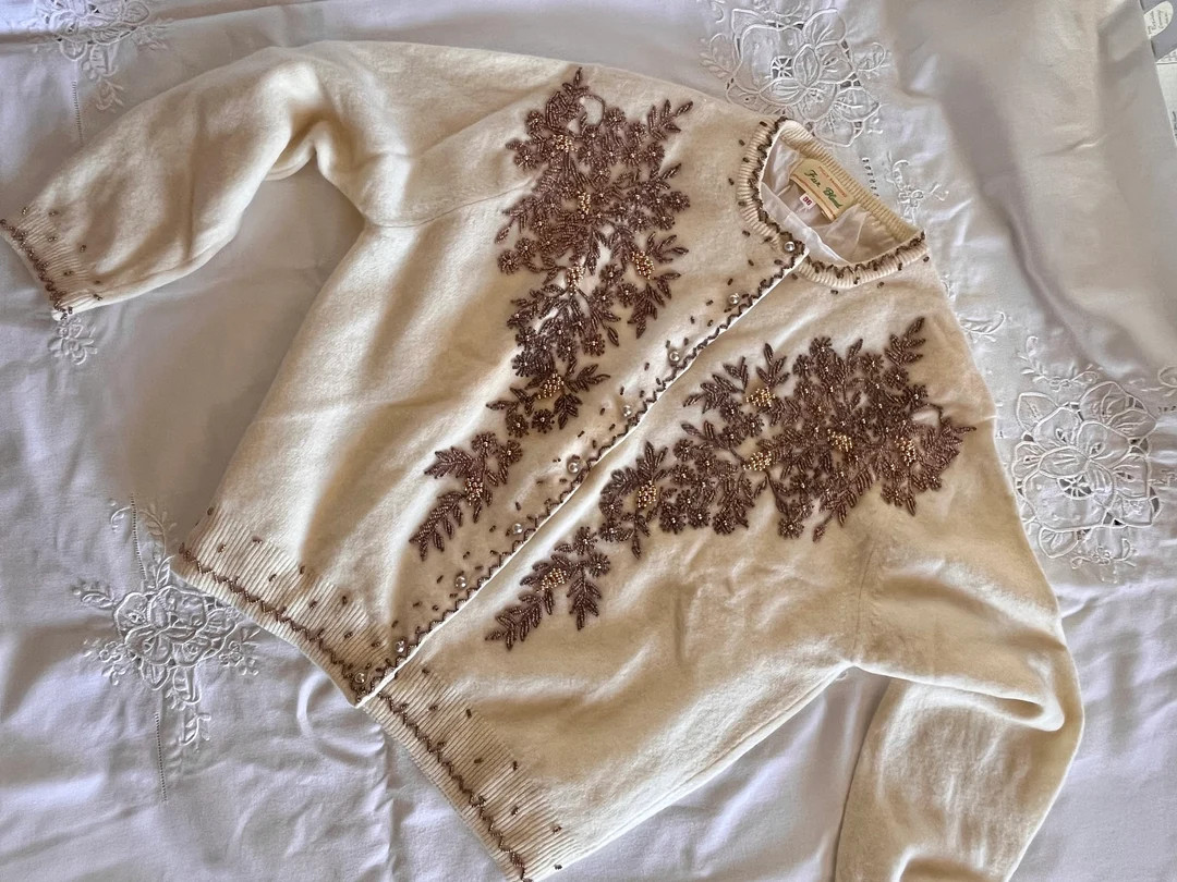 1950s Cream Toned Heavily Beaded Czech Glass Fall Leaves & Florette Sequin Knit Angora Cardigan S... | Etsy (US)