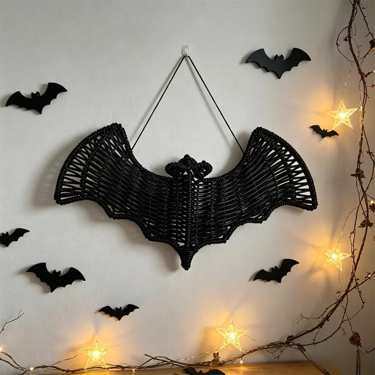 SCNOR Black Woven Bat Wall Hanging Halloween Decorations, Spooky Plastic Wicker Bat Wall Art for ... | Walmart (US)